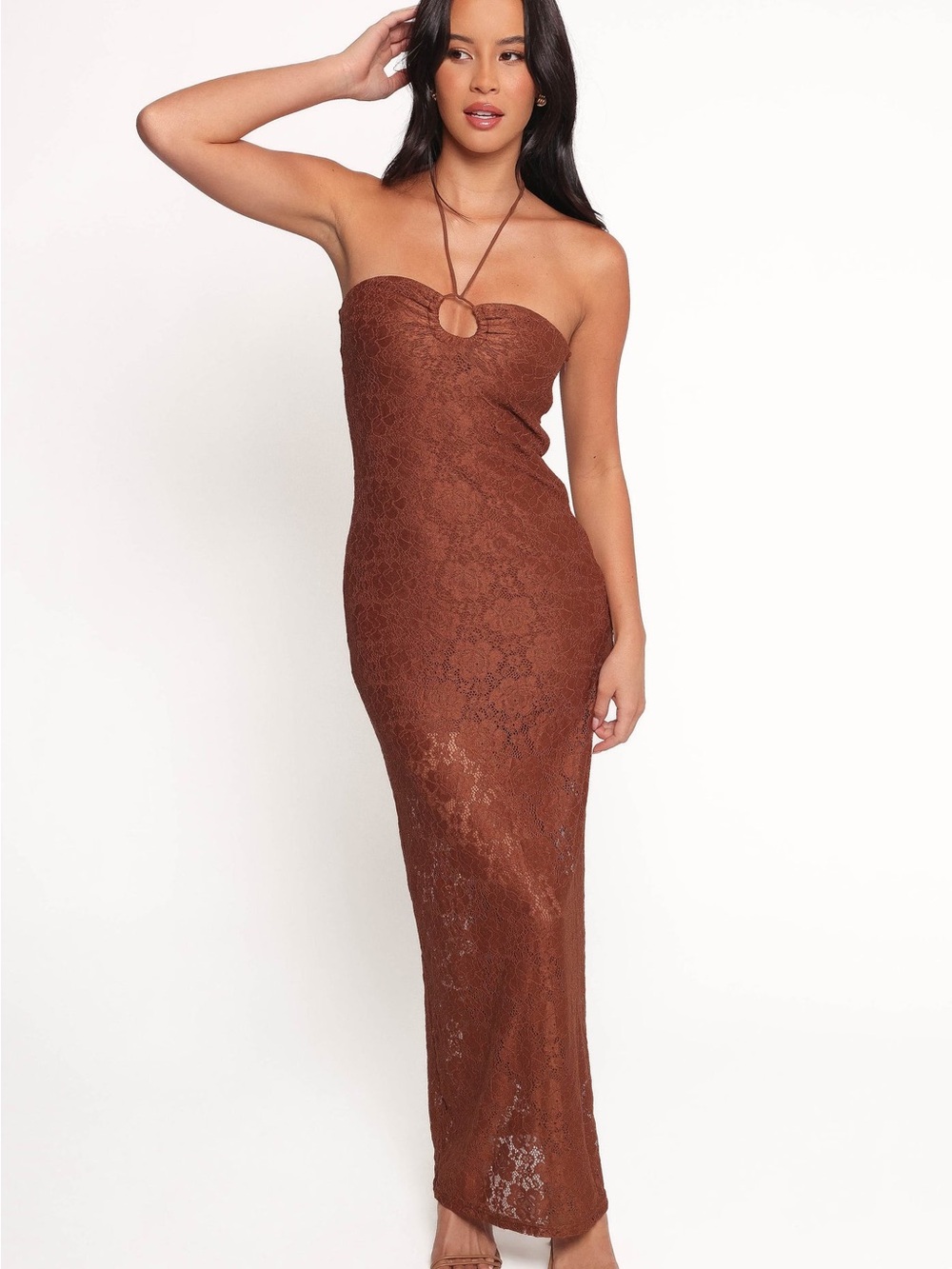 NWT XS Petal & Pup Brown Lace Halter Maxi Dress midi Tucker bodycon sexy long - Picture 2 of 14